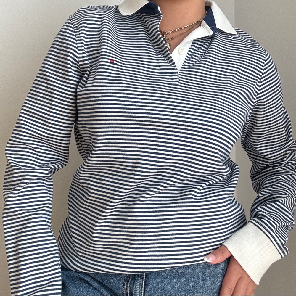 Tommy Hilfiger Navy & White Striped Long-Sleeve Rugby Polo